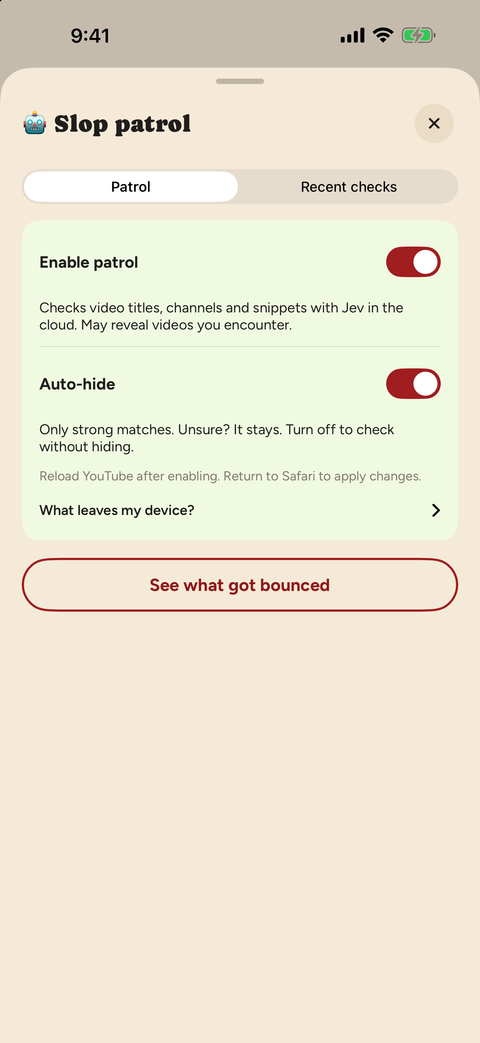 Slop patrol controls with Enable patrol, Auto-hide, and a disclosure explaining what leaves the device