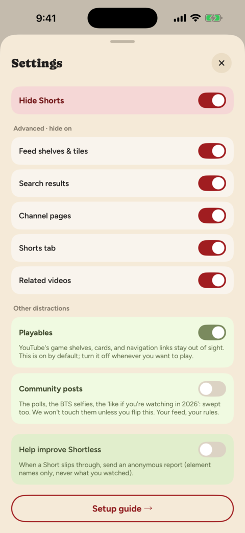 Settings sheet with Shorts, Playables, and community-post controls
